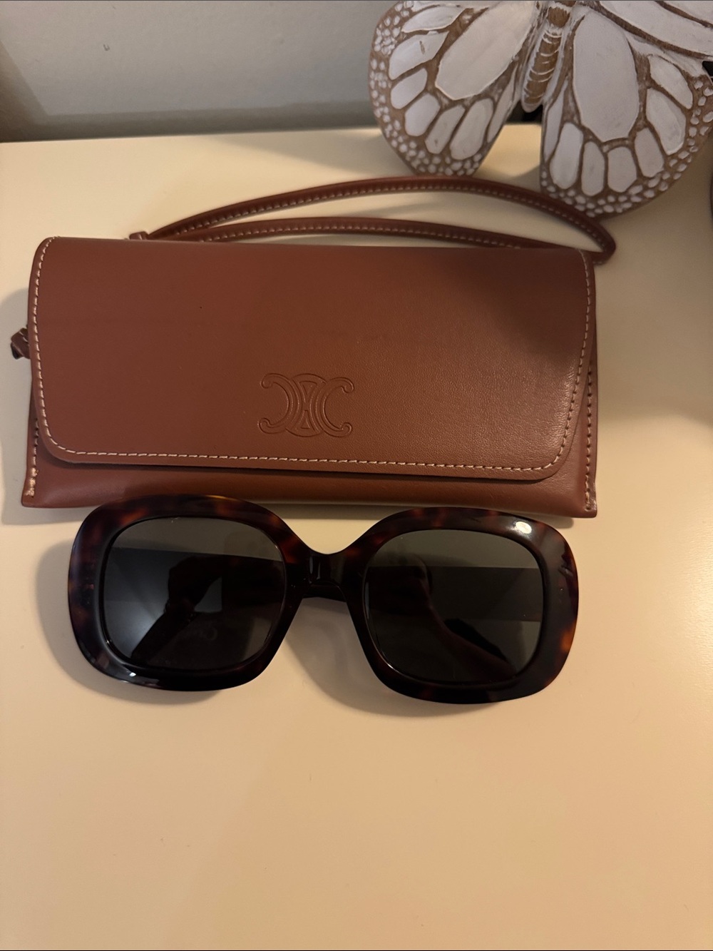 Celine Tortoiseshell Oversized Sunglasses with Brown Leather Case